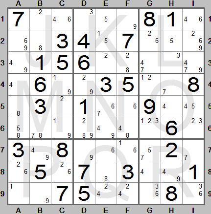 sudoku puzzle with candidate table in Sudoku Instructions - after maximum candidate reduction